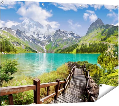 Gards Tuinposter Pad naar een Helder Blauw Meer in de Bergen - 120x90 cm - Tuindoek - Tuindecoratie - Wanddecoratie buiten - Tuinschilderij