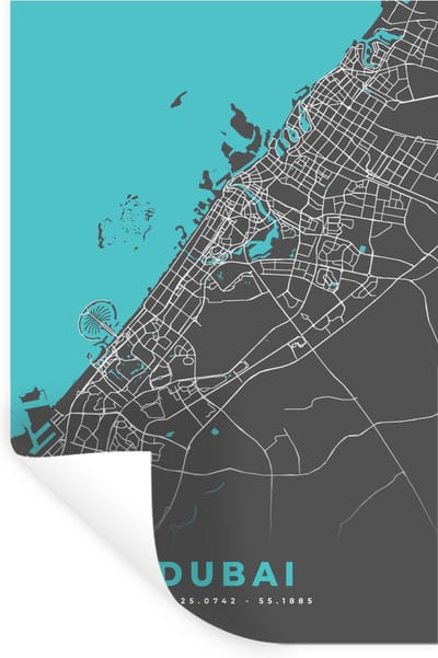 Muurstickers - Sticker Folie - Dubai - Blauw - Kaart - Plattegrond - Stadskaart - 20x30 cm - Plakfolie - Muurstickers Kinderkamer - Zelfklevend Behang - Zelfklevend behangpapier - Stickerfolie