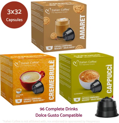 Italian Coffee - Amaretto, Creme brulee, Cappuccino - Geschikt voor Dolce Gusto Apparaat - 3 x 32 - Proefpakket
