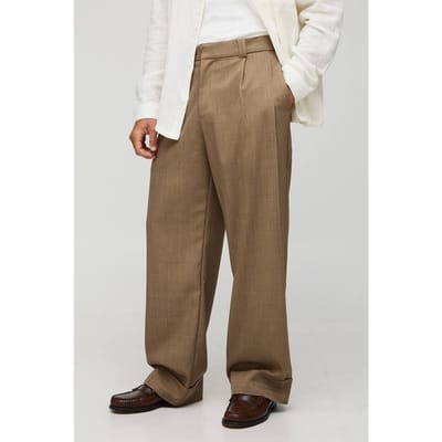 Broek met wijde pijpen, geplooide voorkant en opgerolde zoom | Taupe | Size 30