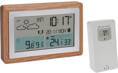 Radiografisch weerstation met buitensensor voor weersvoorspelling en temperatuur met houten frame