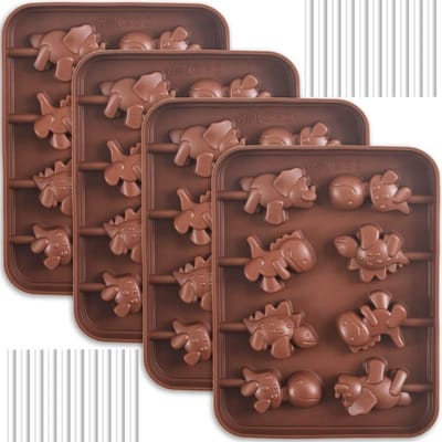 Siliconen Mallen voor Lollipops, 4 Sets met 8 Houders, Antiaanbaklaag, Dinosaurussen voor Chocolade en Snoepjes