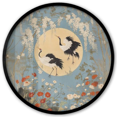 Poster in lijst Rond - Fotolijst 40x40 cm - Posters - Kraanvogels - Maan - Bloemen - Blauw - Ronde posterlijst zwart - Decoratie - Wanddecoratie woonkamer - Muurdecoratie slaapkamer