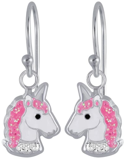Joy|S - Zilveren eenhoorn oorbellen - unicorn oorhangers - wit kristal
