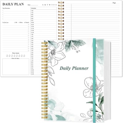 Undated dagplanner 21,5x29 cm – 150 vellen, 300 pagina's, dagelijkse planning met prioriteiten, takenlijst en notities, PVC harde kaft, binnenste zak en elastische sluiting
