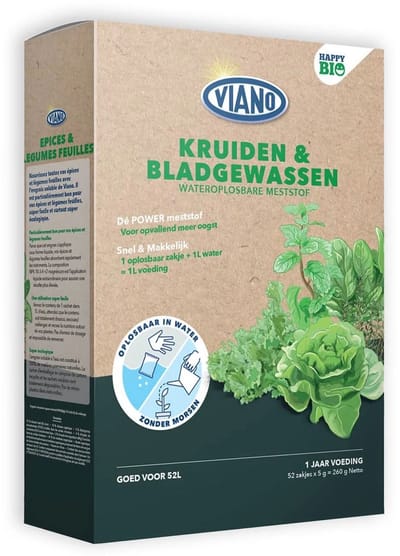 Viano wateroplosbare BIO meststof voor kruiden & bladgewassen 52x5gr