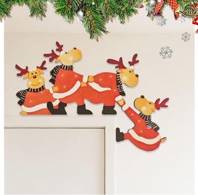 Deurframe kerstdecoratie 16x18 cm - houten rendier en kerstman - duurzame versiering - leuk voor de feestdagen - ShopVlot