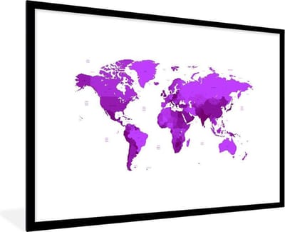 Poster in lijst - Fotolijst 90x60 cm - Posters - Wereldkaart - Simpel - Paars - Posterlijst zwart - Decoratie - Wanddecoratie woonkamer - Muurdecoratie slaapkamer