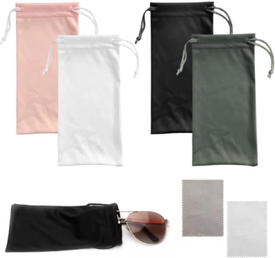 Inovra- Brillenzakjes 4 stuks - Zachte stoffen tas met trekkoord - Waterdichte zak - Inclusief brillendoekjes - Afmeting 17,5 x 9 cm - Kleur: zwart/wit/grijs/roze - Brillenhoes