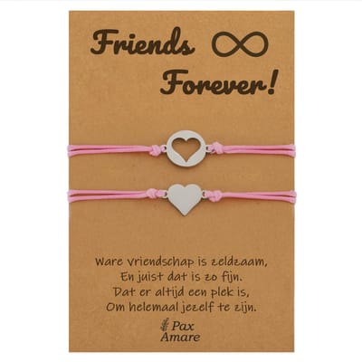 Vriendschapsarmbandjes voor 2 " Friends Forever ∞" - Omgekeerde Hartjes - BFF Armbandjes met Persoonlijk Cadeau Kaartje - Zilverkleurig & Roze - Elastisch Verstelbaar - Pax Amare