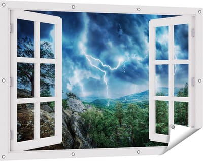 Gards Tuinposter Doorkijk Onweer in het Bos - Bliksem - 120x80 cm - Tuindoek - Tuindecoratie - Wanddecoratie buiten - Tuinschilderij