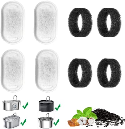 Drinkfontein, roestvrij staal, schuimfilter + actieve koolfilter, drinkfontein voor katten en katten, koolstoffilter (8 stuks)