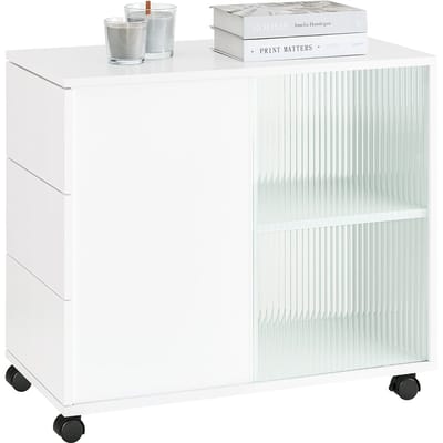 SoBuy FBT141-W Bankpunt, roltafel, salontafel, koffietafel met 3 laden, voor woonkamer, kantoor, slaapkamer, hout en glas