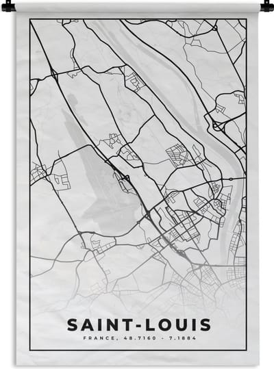Wandkleed - Wanddoek - Stadskaart - Plattegrond - Saint-Louis - Kaart - Frankrijk - Zwart wit - 120x180 cm - Wandtapijt