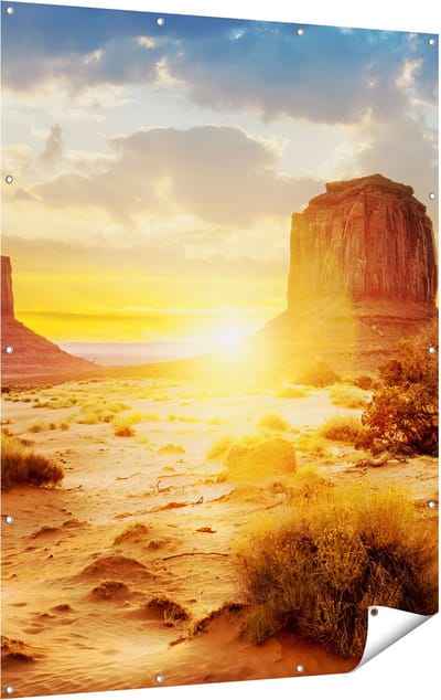 Gards Tuinposter Zonsondergang in Woestijn Monument Valley - 120x160 cm - Tuindoek - Tuindecoratie - Wanddecoratie buiten - Tuinschilderij