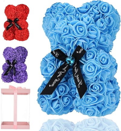 Rozenbeer Cadeau - Bloemenbeer Decoratie - Cadeau Geven - Inclusief LED Verlichting - 25 cm Hoog - Lichtblauw