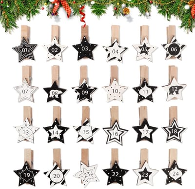 Dailygoods- Adventskalender Hout 24 Stuks - Sterren met Cijfers 1-24 - Decoratieve Mini-Kerstknijpers - Fotolijst Decoratie - Cadeau/Gastgeschenken - Kerstdecoratie