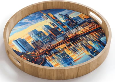 Dienblad rond 40x40 cm - Schootdienblad hout - Zonsondergang Frankfurt - Stad - Skyline - Water - Borrelplank rechthoek - Plateau houten dienbladen