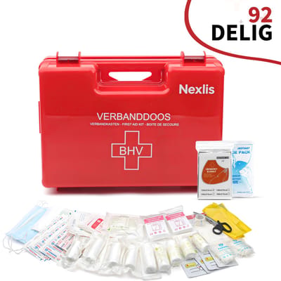 Nexlis EHBO kit - EHBO Koffer - Verbanddoos BHV - EHBO Doos - Noodpakket - Europees Goedgekeurd - 92 delig - Incl. Montageset
