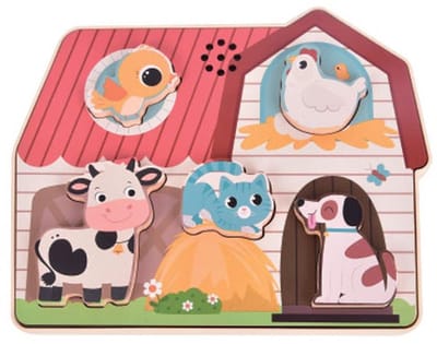 LUNA Houten Geluidspuzzel Boerderijdieren – 5 Geluidsstukken (Koe, Kip, Kat, Hond & Vogel) – Peuter Puzzel 12m+