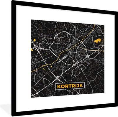 Fotolijst incl. Poster - Kortrijk - Goud - Stadskaart - Plattegrond - Kaart - 40x40 cm - Posterlijst