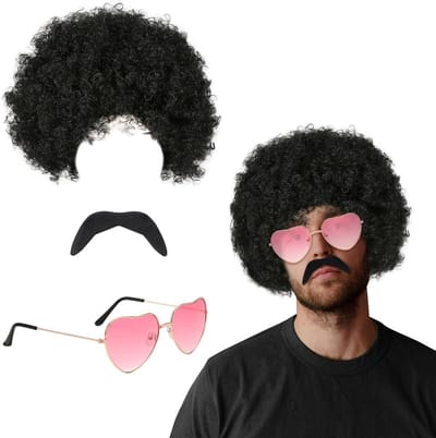 Funky Afro Peruk, Retro Hippie Haaraccessoires en 70s Bril en Snor Set voor Feestkostuums en Themafeesten (3 Delig)