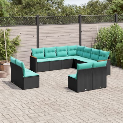 vidaXL - 11-delige - tuinbankset - met - kussens, - zwart - polyrotan