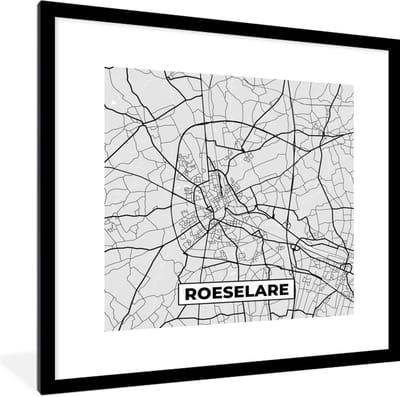 Fotolijst incl. Poster Zwart Wit- Stadskaart – Zwart Wit - Kaart – Roeselare – België – Plattegrond - 40x40 cm - Posterlijst
