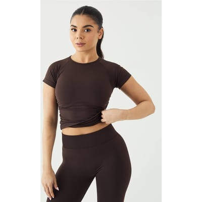 Dames DSGN Studio Sport Ultra Contour Naadloze Geplooid Korte Mouw Top | Coffee Bean | Maat: Small