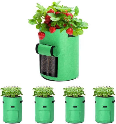 5x Ademend kweekzakken van non-woven stof 27 L met oogstvenster en stevige handgrepen, voor groenten, bloemen en fruit