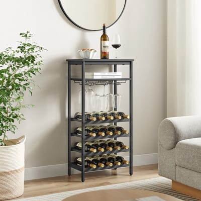 VinoDiMontagna Wijnrek - Wijnkast - Metaal - Hout - Flessenrek voor 20 flessen met Glashouder - 50 x 32 x 100 cm (L x B x H) - Zwart