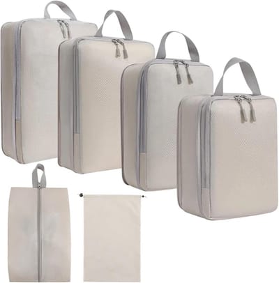 Organizers voor Reizen - Set van 6 Compressie Packing Cubes voor Rugzak en Koffer in Beige, Ideaal voor Efficiënt Inpakken en Ruimtebesparing