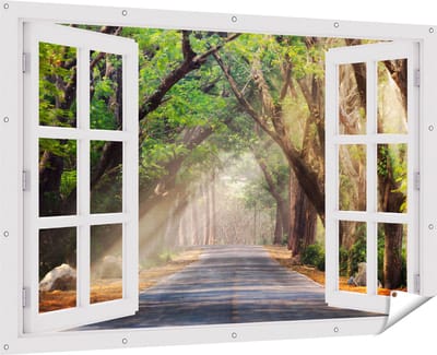 Gards Tuinposter Doorkijk Weg Omringd met Bomen - 180x120 cm - Tuindoek - Tuindecoratie - Wanddecoratie buiten - Tuinschilderij