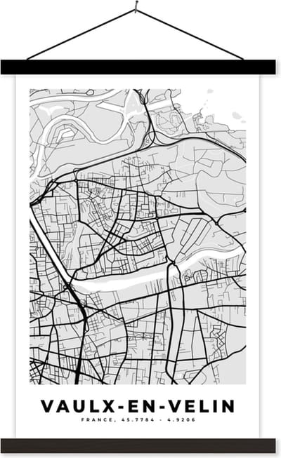 Posterhanger incl. Poster 40x60 cm - Schoolplaat - Vaulx-en-Velin – Plattegrond - Frankrijk – Kaart – Stadskaart - Textielposter - Zwarte latten - Stadskaart
