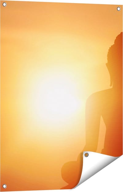 Gards Tuinposter Silhouet van een Boeddha Beeld met Zonsondergang - 60x80 cm - Tuindoek - Tuindecoratie - Wanddecoratie buiten - Tuinschilderij