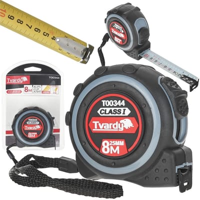 Tvardy Dubbelzijdige meetlint - 8m lengte - 25mm breedte - Klasse 1 nauwkeurigheid - Rubber behuizing