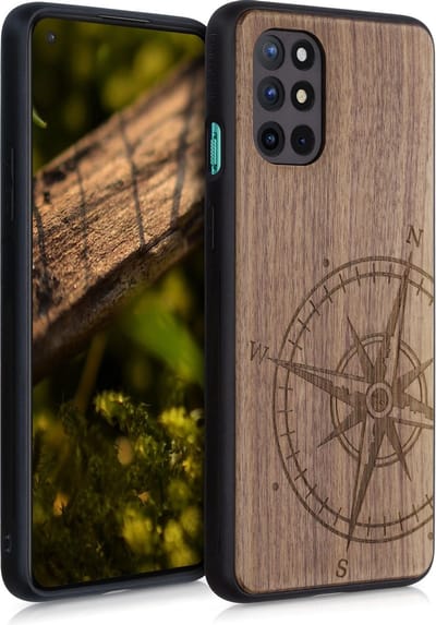 kwmobile telefoonhoesje geschikt voorOnePlus 8T - Hoesje met bumper - hout - In donkerbruin Vintage Kompas design