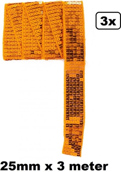 3x Paillettenband recht oranje 300cm x 25mm – paillet band thema feest party