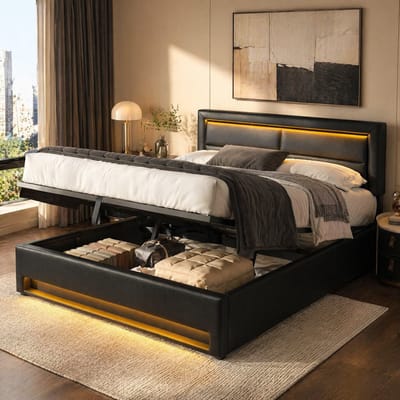 HAUSS SPOLE Gestoffeerd Bed 140x200 cm - Met USB Oplaadpunt, LED en Opbergruimte - Zonder Matras - PU - Zwart