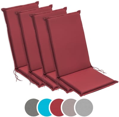 sleepling 50 x 120 cm Outdoor stoelkussen met hoge rug | set van 4 | zitkussen voor tuinstoel | met bevestigingsbanden | Made in EU | afneembare hoes van polyester, wasbaar op 30 graden | rood
