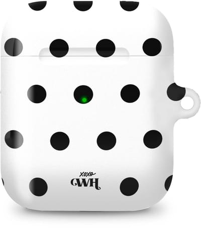 xoxo Wildhearts hoesje geschikt voor AirPods 1 & 2 - Polka Dots (Wit) - Ook als telefoonhoesje verkrijgbaar - schokbestendige case - koptelefoonhoesje - Beschermhoes met stippenpatroon - Wit met zwart stippen