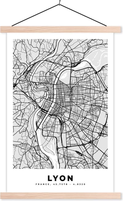 Posterhanger incl. Poster 40x60 cm - Schoolplaat - Plattegrond - Lyon - Stadskaart - Kaart - Frankrijk - Textielposter - Blanke latten - Stadskaart