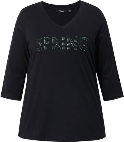 Ulla Popken - Dames - Shirt Spring-stateemt sierplooien V-hals driekwartsmouwen - Zwart - Maat 42+