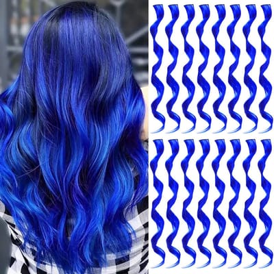 Pruik-pruiken dames-pruiken-16 stuks kleurrijke haarextensies krullend golvend clip-in synthetische pruik strepen voor meisjes, veelkleurige feest hoogtepunten cosplay festival cadeaus-blauw-55cm