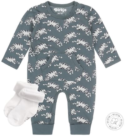 Dirkje Bio Basic SET(3delig) Groene Broek met tijgertjes - Overslag Shirt - 1 paar witte sokjes - Maat 50