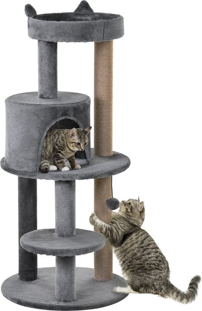 PawHut Krabpaal 4 verdiepingen tellende klimboom met sisalzuilen luxe pluche grijs D30-274