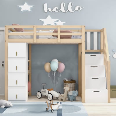 Pugsdrly Hoogslaper 90 x 200 cm met opberglades, meerlaagse plank, veilige ladder met opberglades, multifunctioneel massief houten bed, houtkleur. Oude SKU: LDB00277AAN