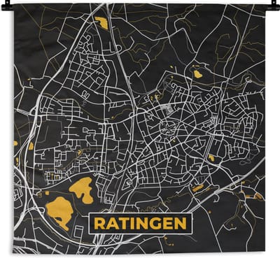 Wandkleed - Wanddoek - Duitsland – Black and Gold – Ratingen – Stadskaart – Kaart – Plattegrond - 180x180 cm - Wandtapijt