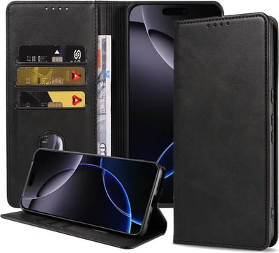 Smartphonica Telefoonhoesje geschikt voor iPhone 16 Pro Max kunstleren Hoesje met Magnetische sluiting en Pasjeshouders Book Case met Klepje - Zwart geschikt voor iPhone 16 Pro Max