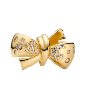 Fler® | Bedel | Past op populaire bedelarmbanden (standaard - 3mm) | Goudkleurige Strik Bedel | Hangbedel Charm | 925 sterling zilver | Transparante zirkonia | Valentijnsdag Cadeau | Sinterklaas kado | Kerstcadeau | Verjaardagsgeschenk | Vriendschap
